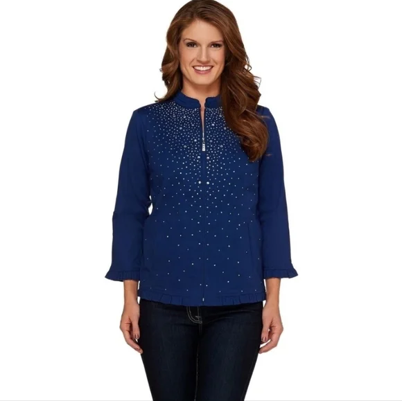 Quacker Factory Sparkle Stretch Embellished Ruffle Navy Blue Jacket - Picture 2 of 13